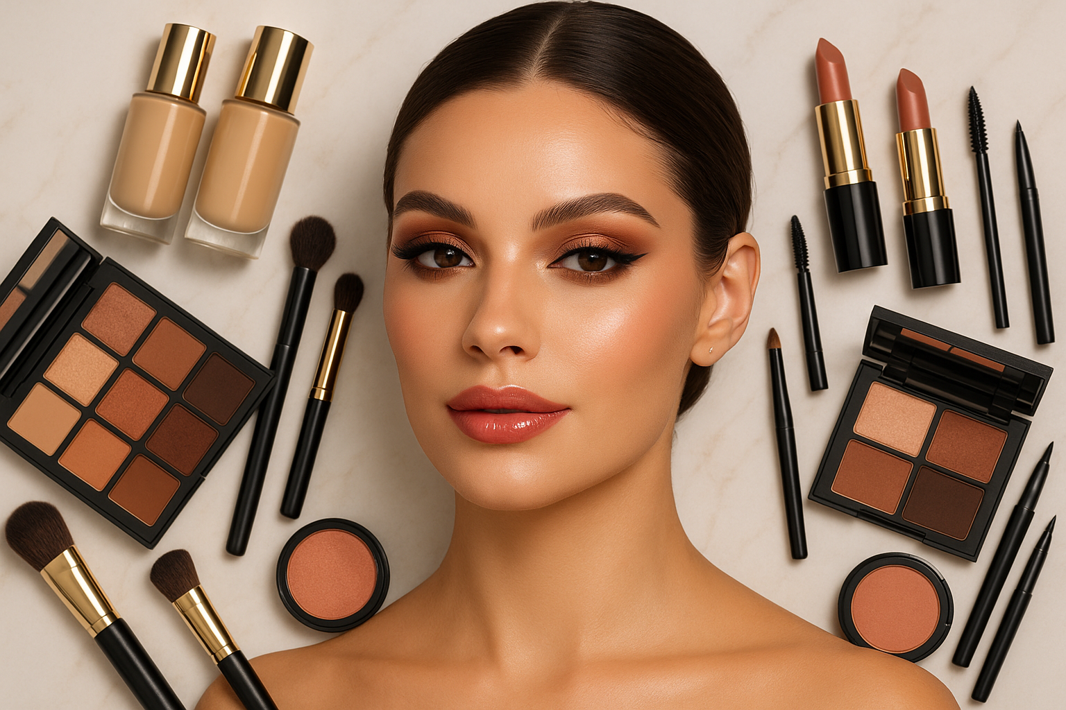 add pictures of make up and cosmetics to the image dipicting what shes used to stay this beautiful