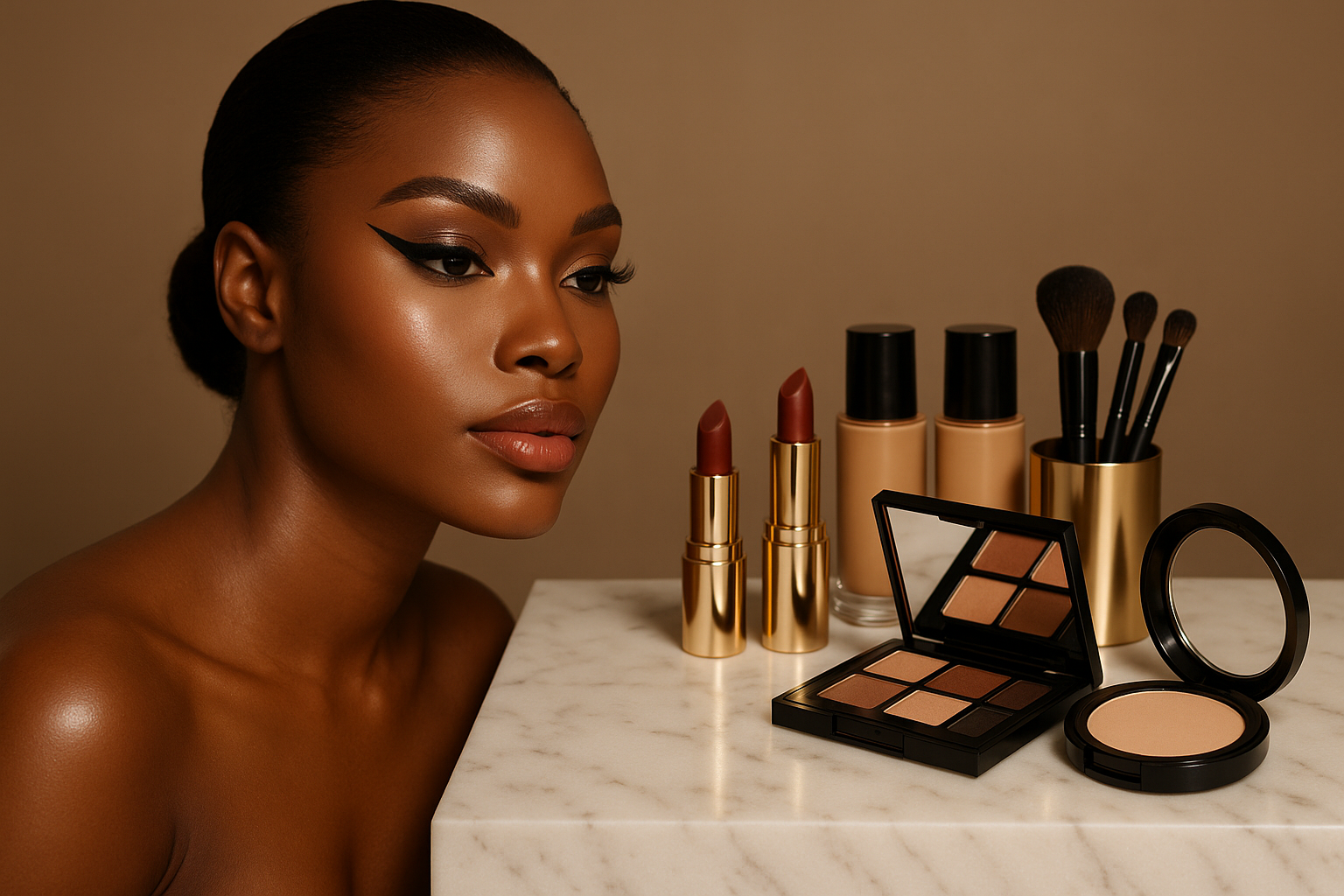 generate another image of a black woman with the same make up and cosmetics display